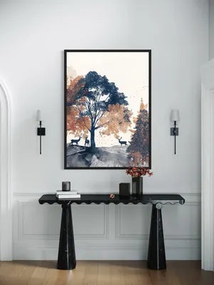 Plakat Antler Grove - jelenie pod drzewem w jesiennym lesie akwarelowym - obrazek 3