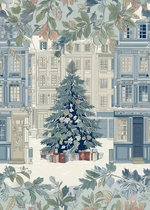 Plakat Winter Courtyard - zimowy plakat z choinką i pastelowym klimatem