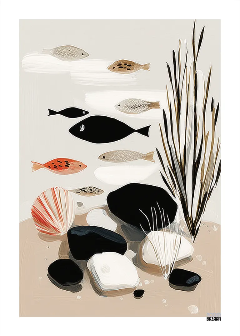 Pebble Waters — plakat z kolorowymi rybkami i naturalnymi kamieniami