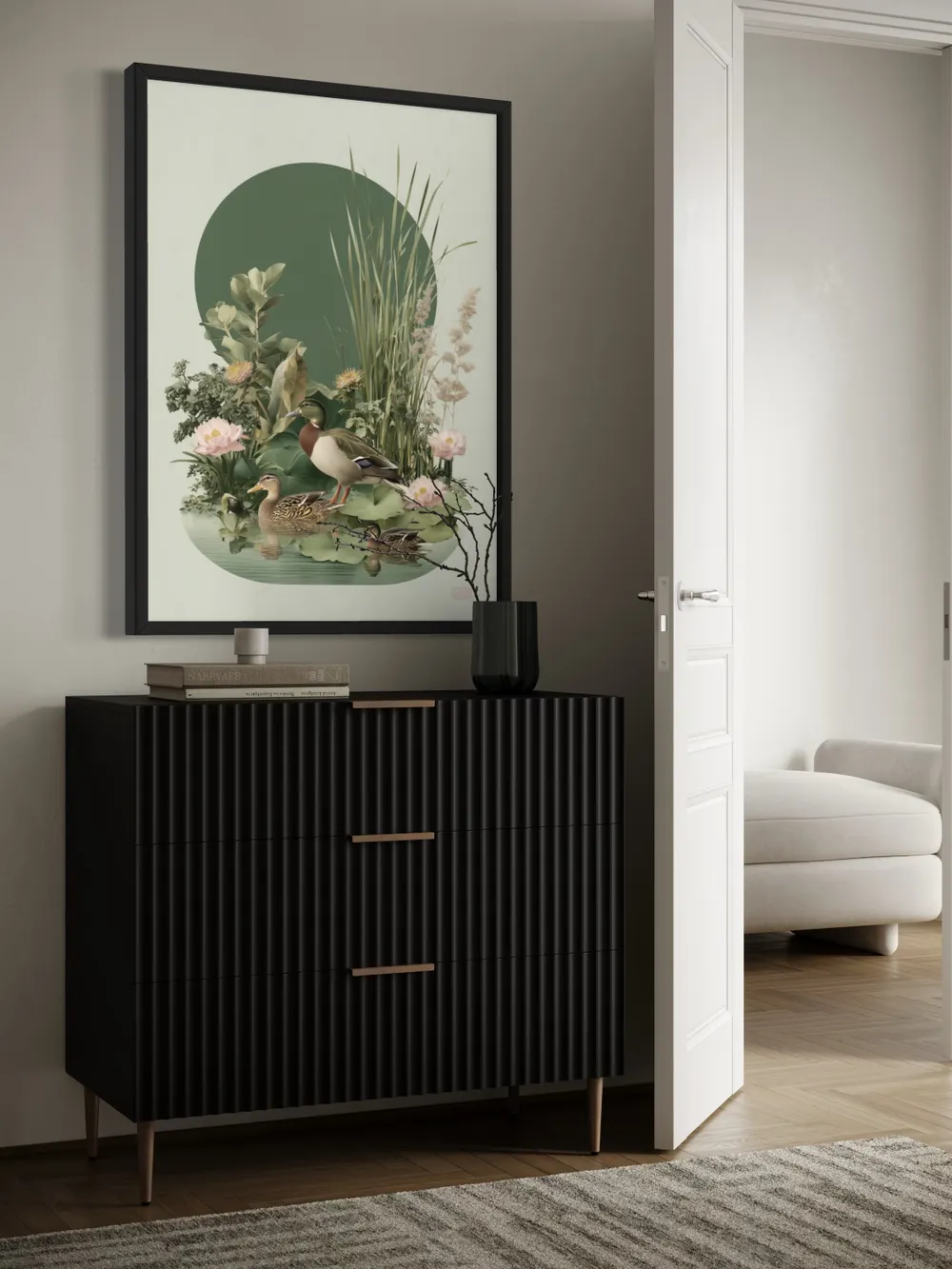 Plakat Lotus Pond Trio - spokojny staw z kaczkami i lotosami, realistyczna ilustracja - obrazek 3