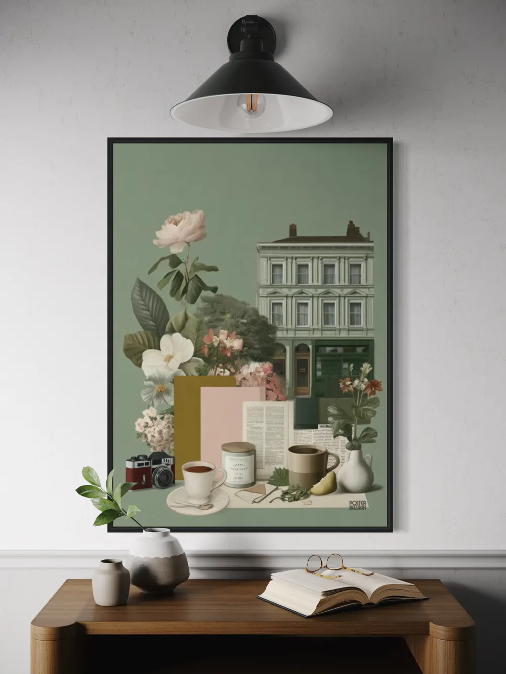 Plakat Green Harmony - elegancki zielony budynek, kwiaty, kawa, spokojny klimat - obrazek 2