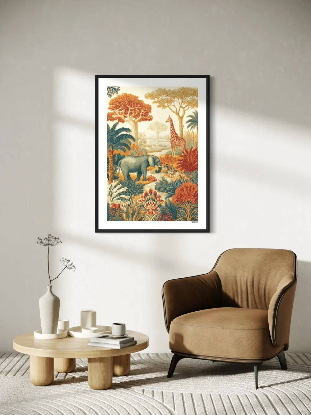 Plakat Savanna Wildlife - słonie, żyrafy i zebry na afrykańskiej sawannie w ciepłych kolorach - obrazek 3