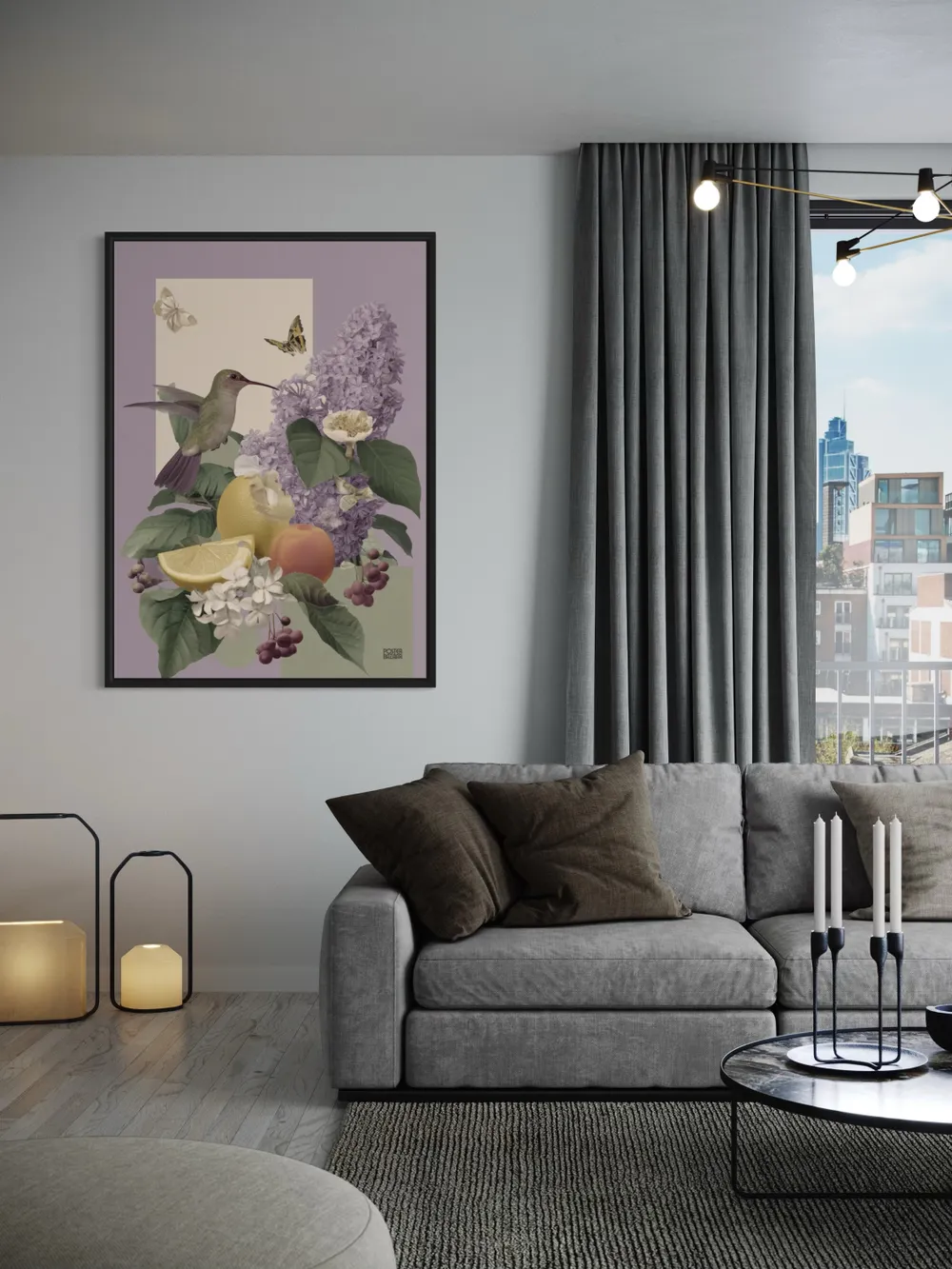 Plakat Hummingbird Garden - kolorowy koliber przy fioletowych kwiatach bzu - obrazek 2