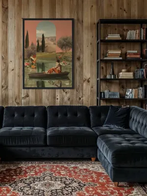 Plakat Portal Reflection - osoba w łódce na spokojnej wodzie z surrealistycznym krajobrazem - obrazek 3
