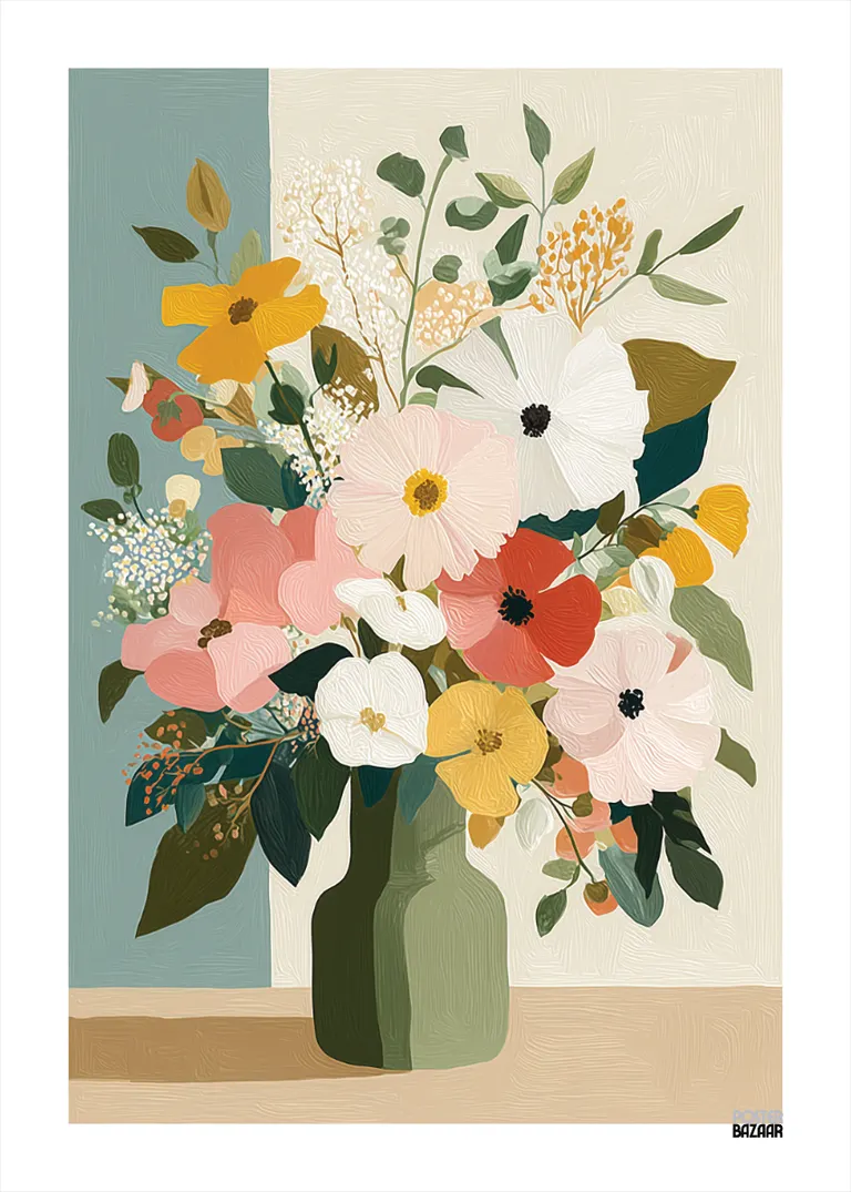 Blooming Joy — kolorowe kwiaty w zielonym wazonie