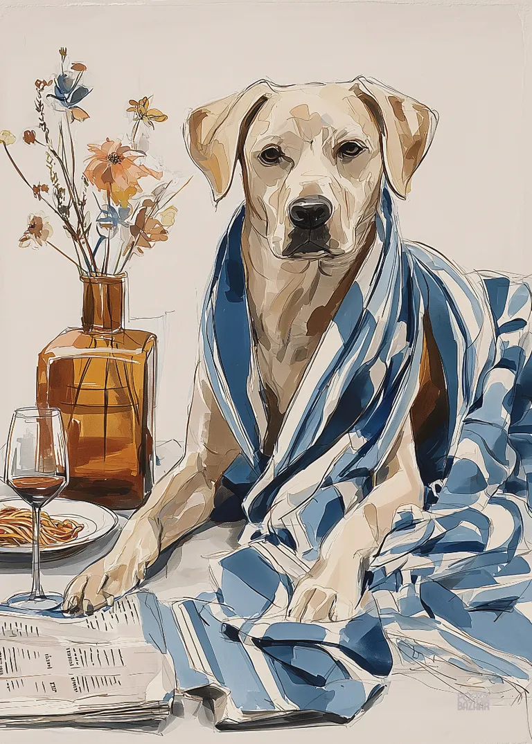 Pampered Pooch — elegancki pies owinięty w pasiasty koc z lampką wina, malarska ilustracja w beżu i błękicie