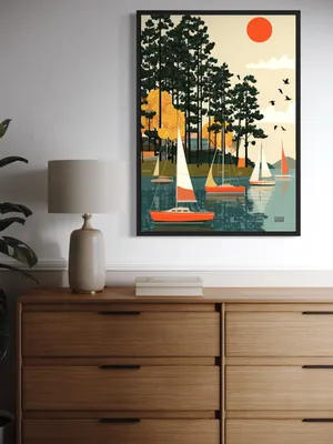 Plakat Lake Sailing - spokojne jezioro z żaglówkami i nostalgiczny klimat - obrazek 3