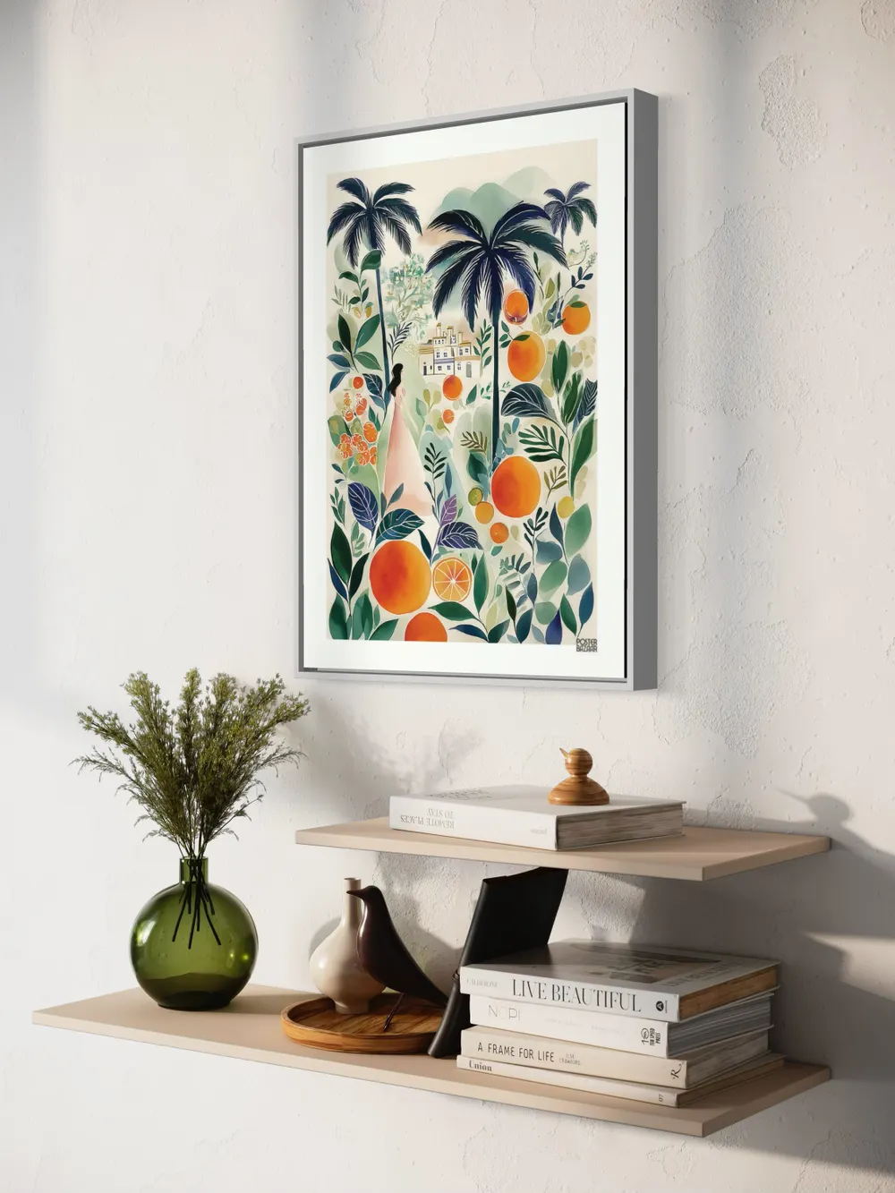 Plakat Citrus Paradise - kobieta w różowej sukni wśród palm i pomarańczy - obrazek 2