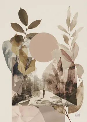 Plakat Muted Pathways - stonowana leśna ścieżka z pastelowymi liśćmi i kołem
