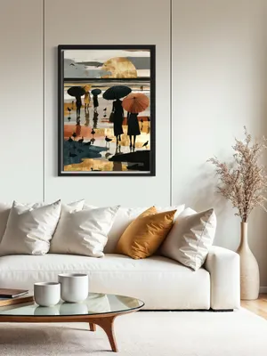 Plakat Golden Sunset - kobiety z parasolkami na plaży o zachodzie słońca - obrazek 3