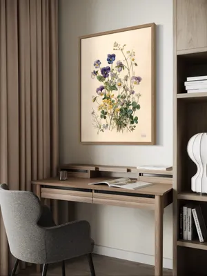 Plakat Wildflower Bunch - botaniczna ilustracja polnych kwiatów w odcieniach fioletu, bieli, zieleni i beżu, vintage styl - obrazek 2