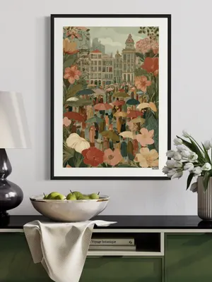 Plakat Floral Cityscape - tłum z parasolami i pastelowe kwiaty w mieście - obrazek 2