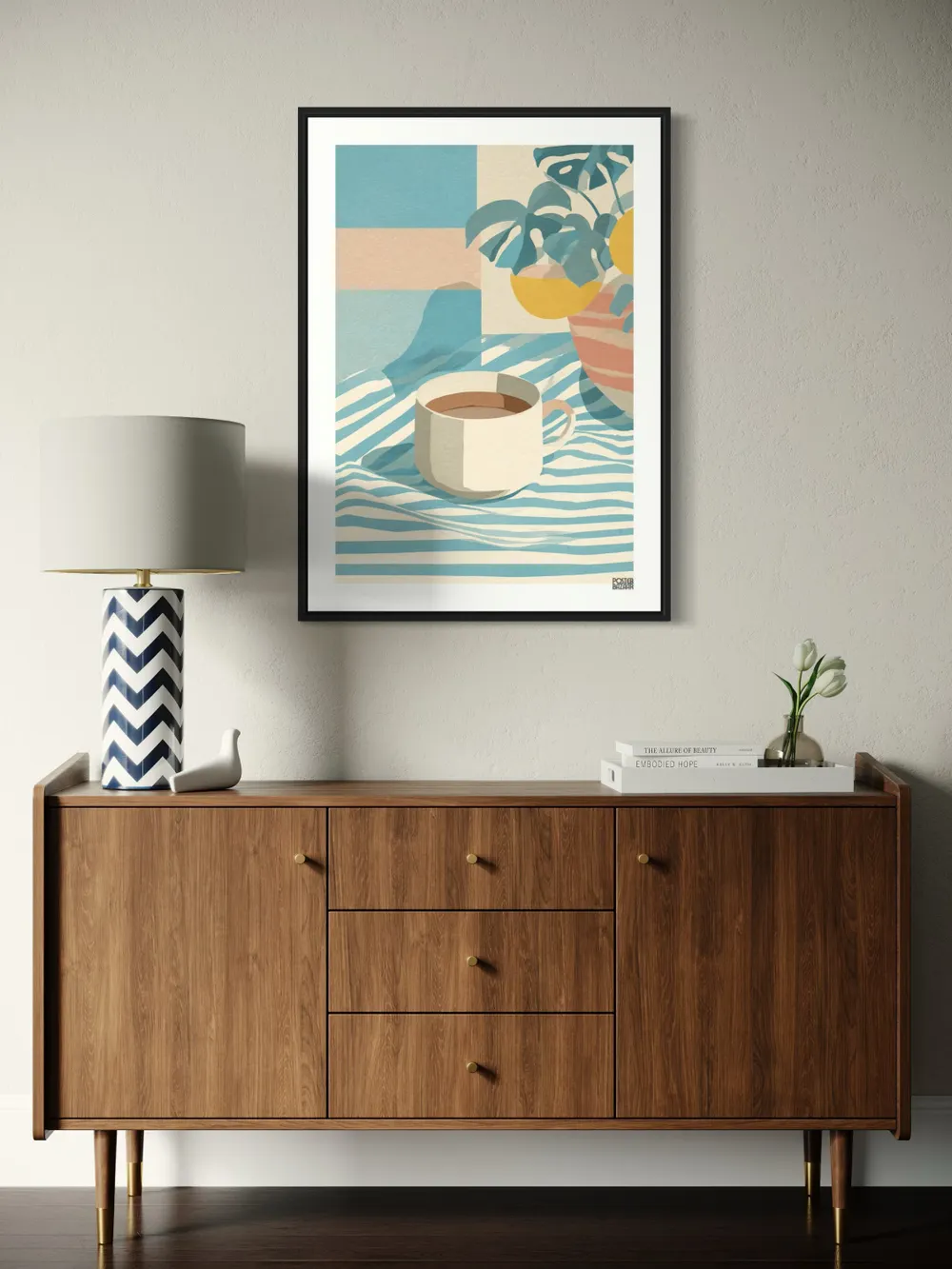 Plakat Morning Coffee - filiżanka kawy na pastelowym, pasiastym obrusie - obrazek 2