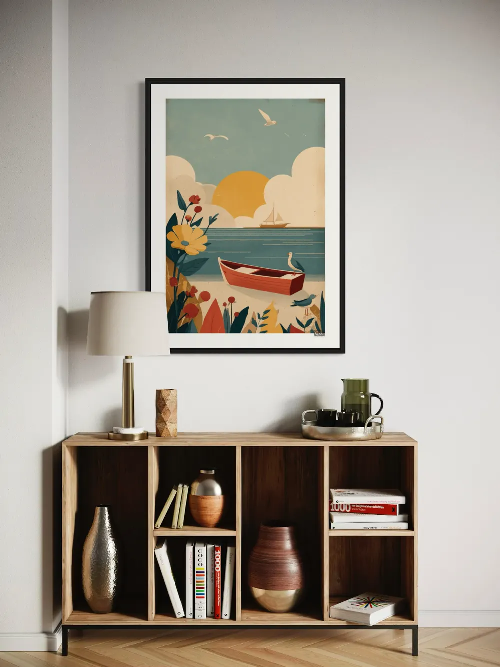 Plakat Seaside Boat - spokojna plaża z czerwoną łódką i pastelowym morzem - obrazek 3