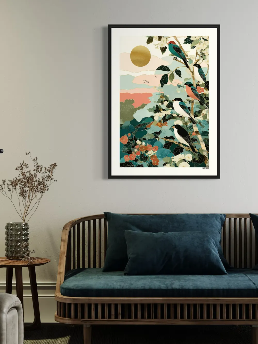 Plakat Golden Birds - kolorowe ptaki na gałęziach w bajkowym klimacie - obrazek 2
