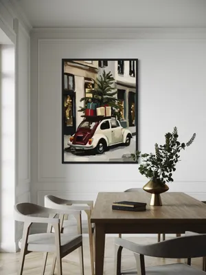 Plakat Festive Beetle - malarska scena świątecznego garbusa z choinką i prezentami - obrazek 3