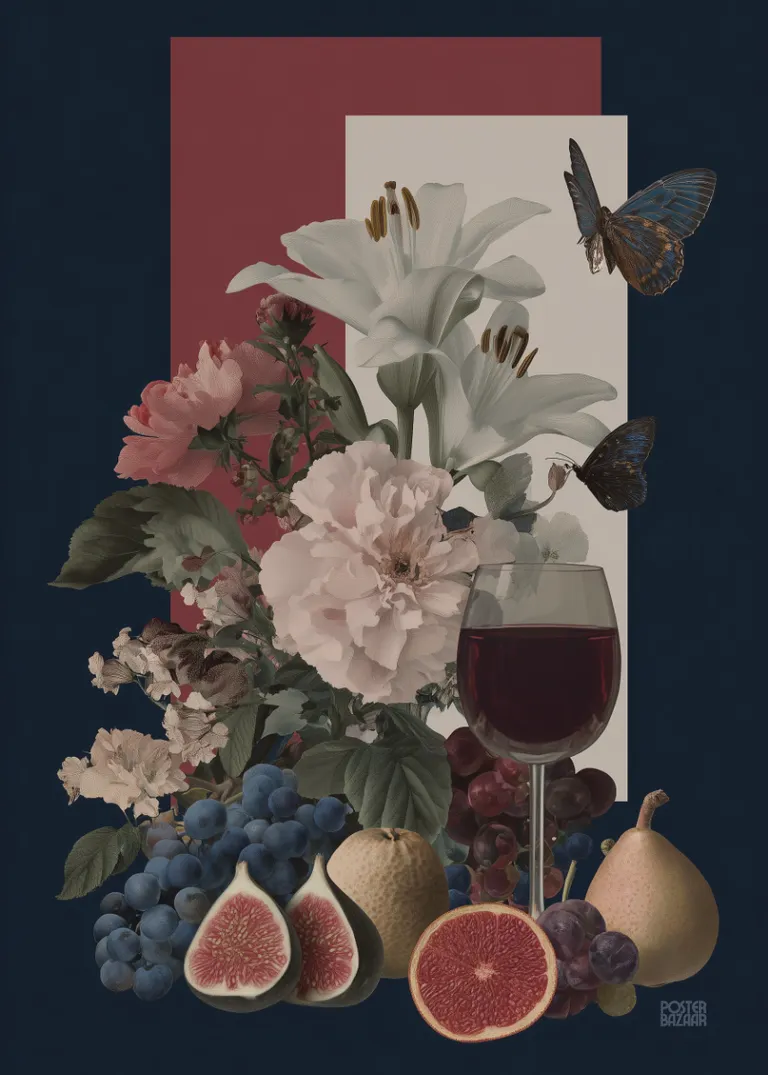 Nocturne Feast — klasyczna kompozycja kwiatów, owoców i wina w głębokich barwach