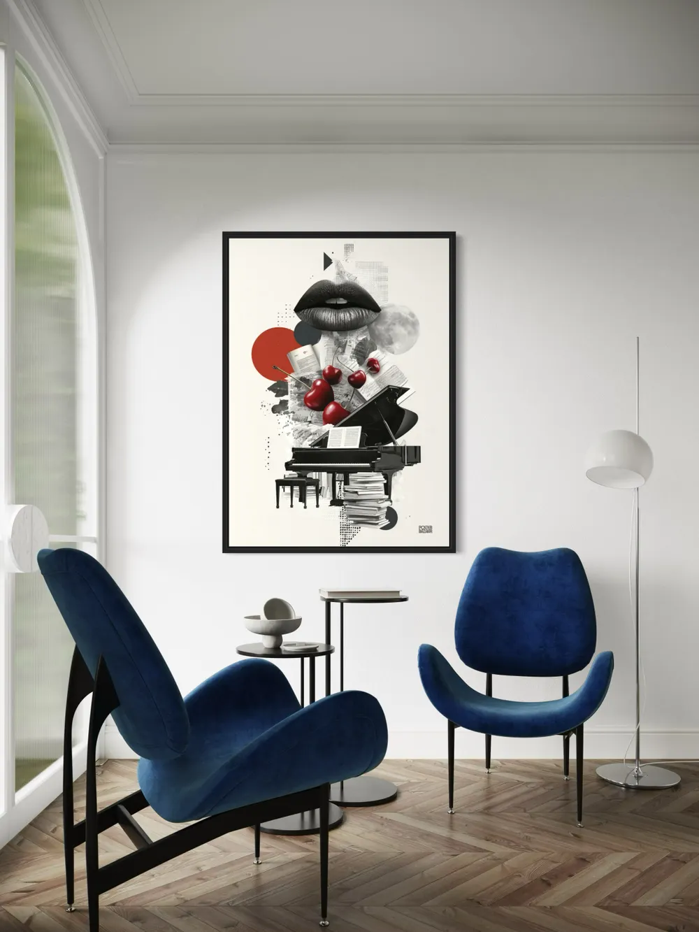 Plakat Cherry Lips - czarny fortepian, nuty, wiśnie, usta i księżyc w kolażu - obrazek 3
