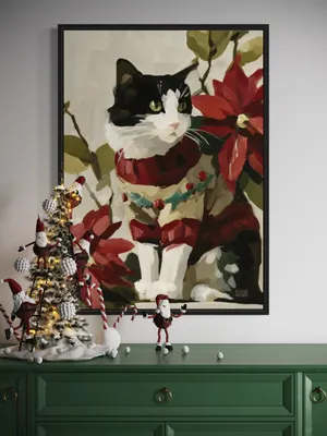 Plakat Poinsettia Cat - czarno-biały kot w sweterku i czerwone poinsecje - obrazek 3