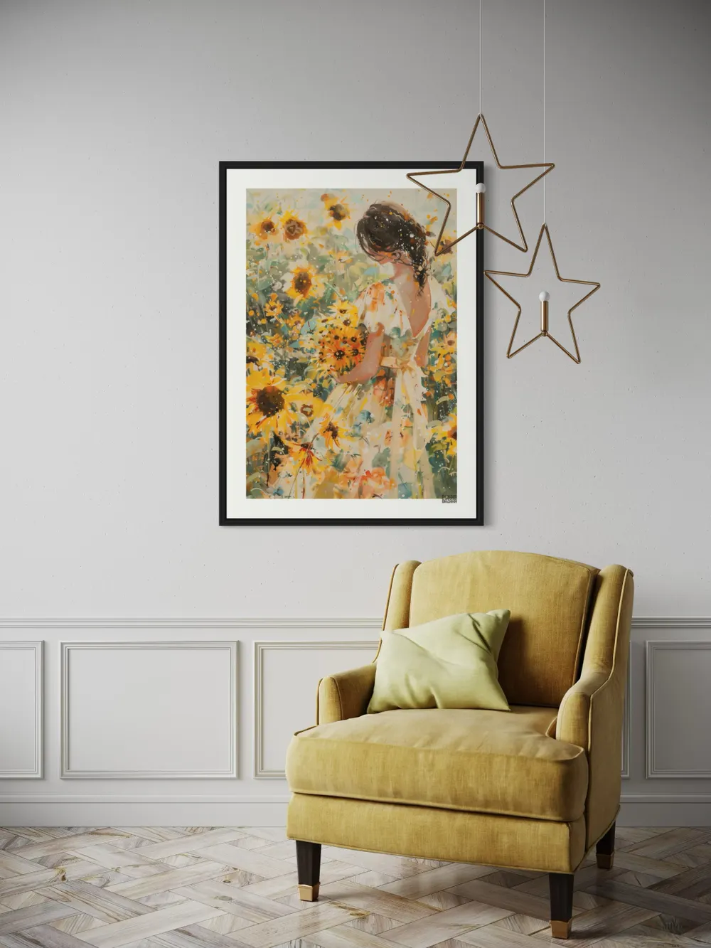 Plakat Sunflower Girl - dziewczyna w letniej sukience wśród słoneczników - obrazek 3