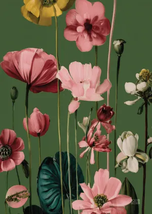 Plakat Green Florals - malarskie kwiaty w odcieniach różu, żółci i bieli na ciemnozielonym tle, artystyczne