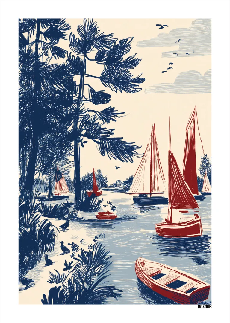 Sailing Lake — szkicowe jezioro z żaglówkami w retro stylu