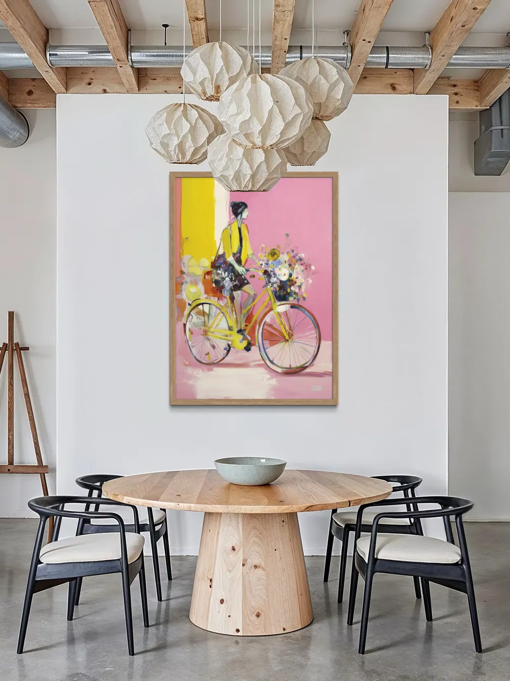 Plakat Floral Ride - kobieta na żółtym rowerze z kwiatami, styl impresjonistyczny, różowe tło i energia - obrazek 3