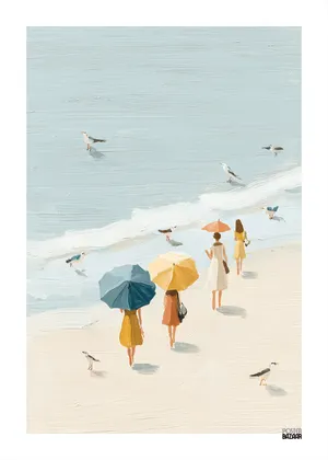 Plakat Seaside Stroll - kobiety na plaży z parasolkami