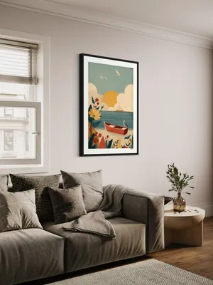 Plakat Seaside Boat - spokojna plaża z czerwoną łódką i pastelowym morzem - obrazek 2