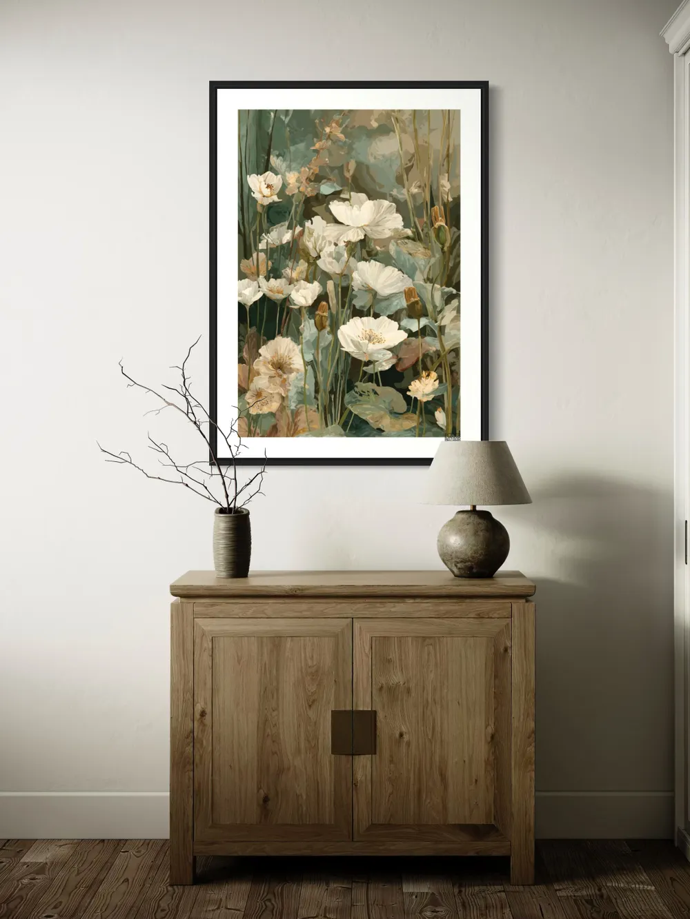 Plakat Pastel Meadow - delikatne kremowe kwiaty na tle zieleni i beżu - obrazek 3