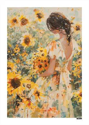Plakat Sunflower Girl - dziewczyna w letniej sukience wśród słoneczników