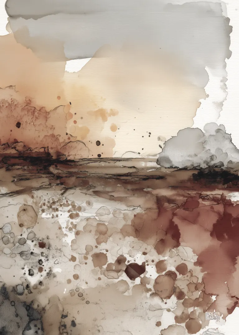 Desert Mist — abstrakcyjny pejzaż pustynny w stonowanych beżach, brązach i szarościach
