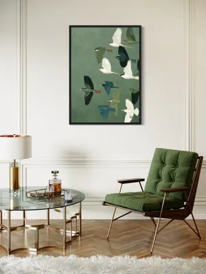 Plakat Flying Birds - kolorowe ptaki lecące na zielonym tle nieba - obrazek 3