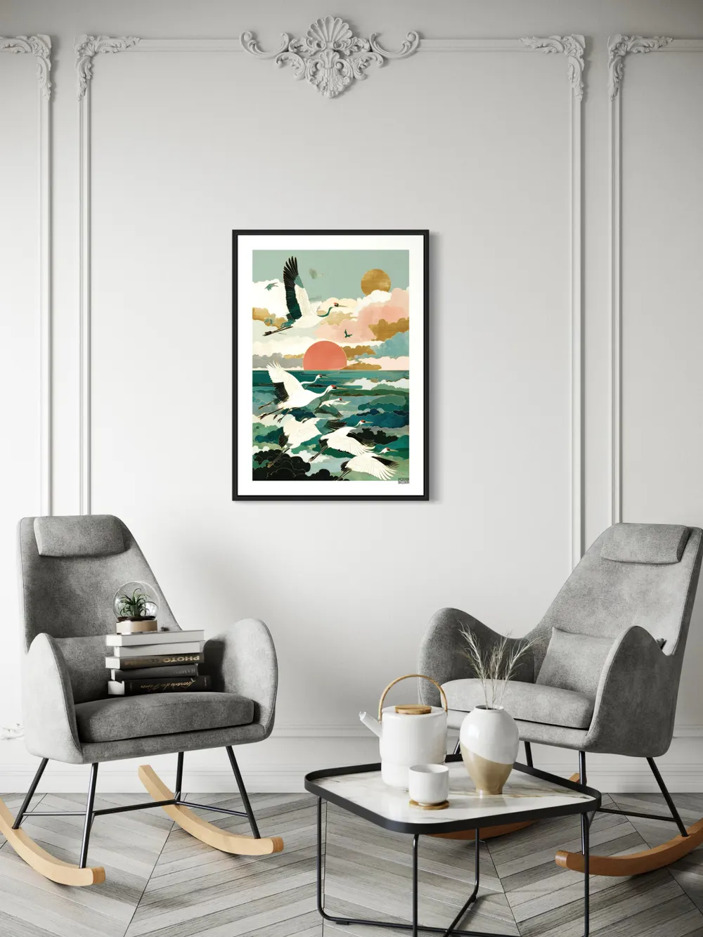 Plakat Cranes Sunset - żurawie nad wodą, czerwone słońce - obrazek 2