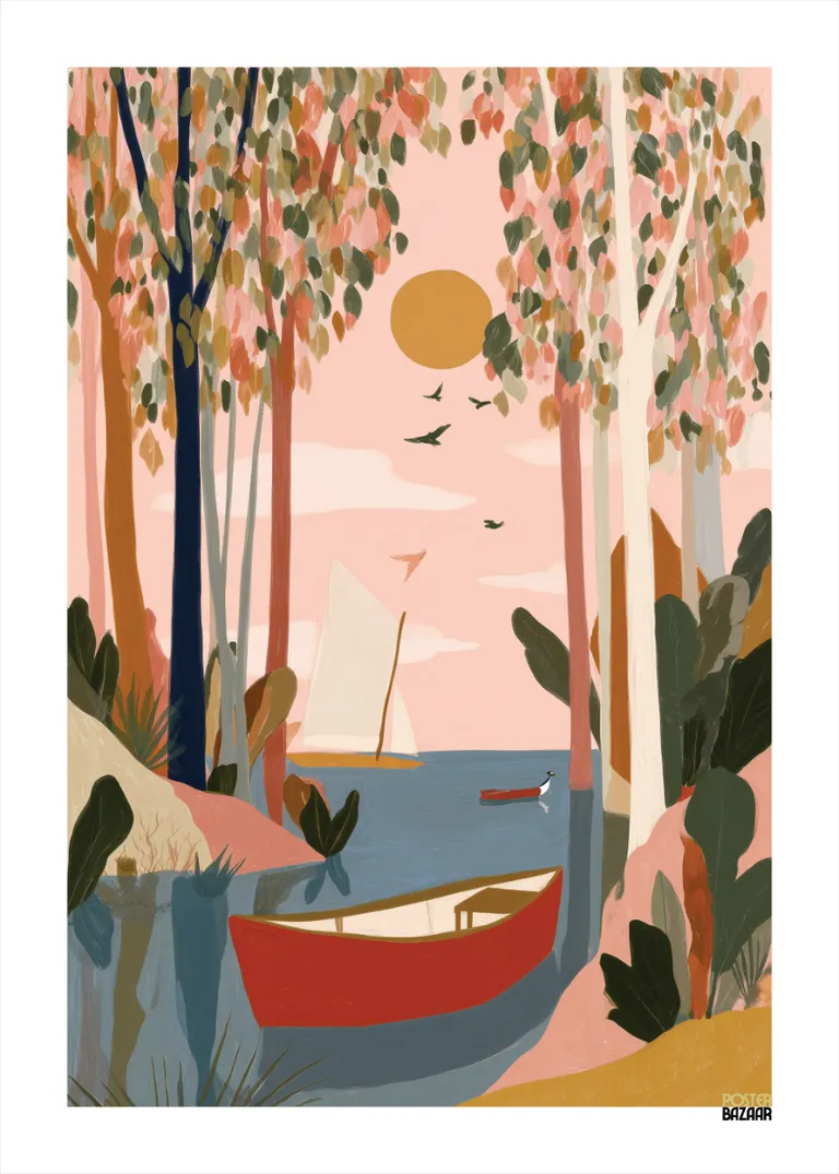 Sunset Lake — spokojne jezioro z łódkami i pastelowym niebem