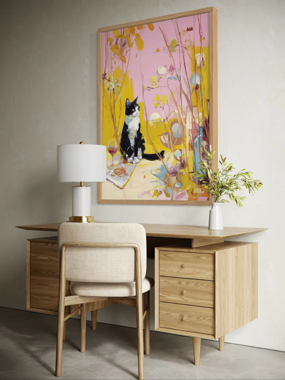 Plakat Cat's Garden Wine - czarno-biały kot z winem wśród różowo-żółtych roślin, abstrakcyjny malarski styl - obrazek 3