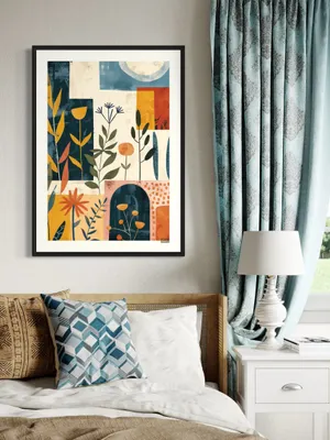 Plakat Retro Botanical - kolorowa abstrakcyjna grafika kwiatowa i liściasta - obrazek 2