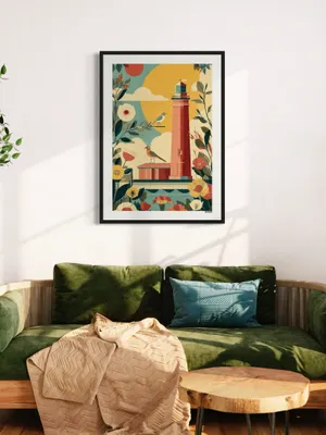 Plakat Lighthouse Garden - latarnia morska w kolorowych kwiatach i słońcu - obrazek 2