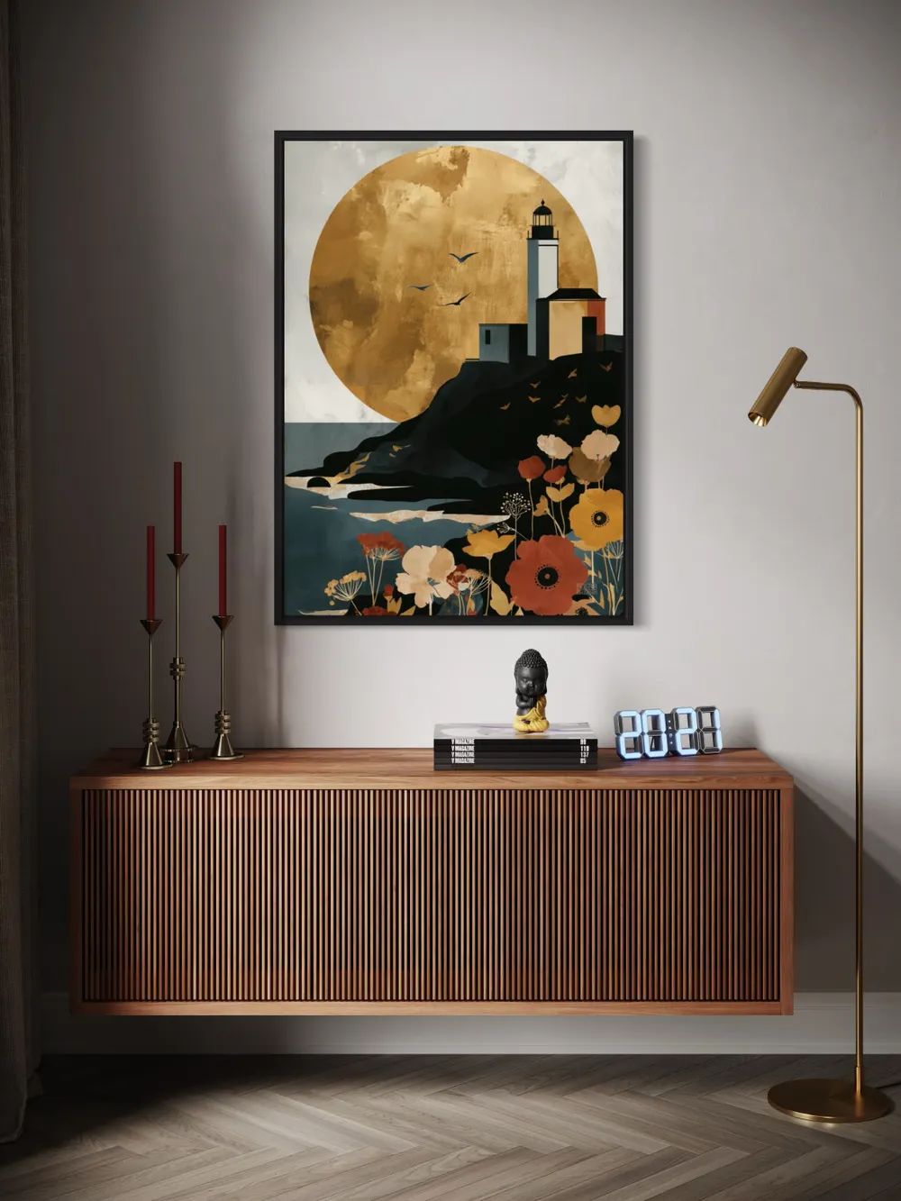 Plakat Golden Lighthouse - nowoczesna latarnia morska ze złotym słońcem - obrazek 2