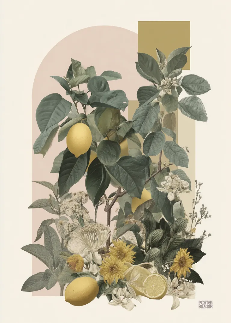 Lemon Botanical — botaniczny plakat z gałązkami cytryn i kwiatami