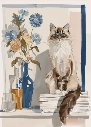Plakat Feline Still Life - elegancki kot na tle kwiatów, spokojna scena w beżach i błękitach, cyfrowy obraz