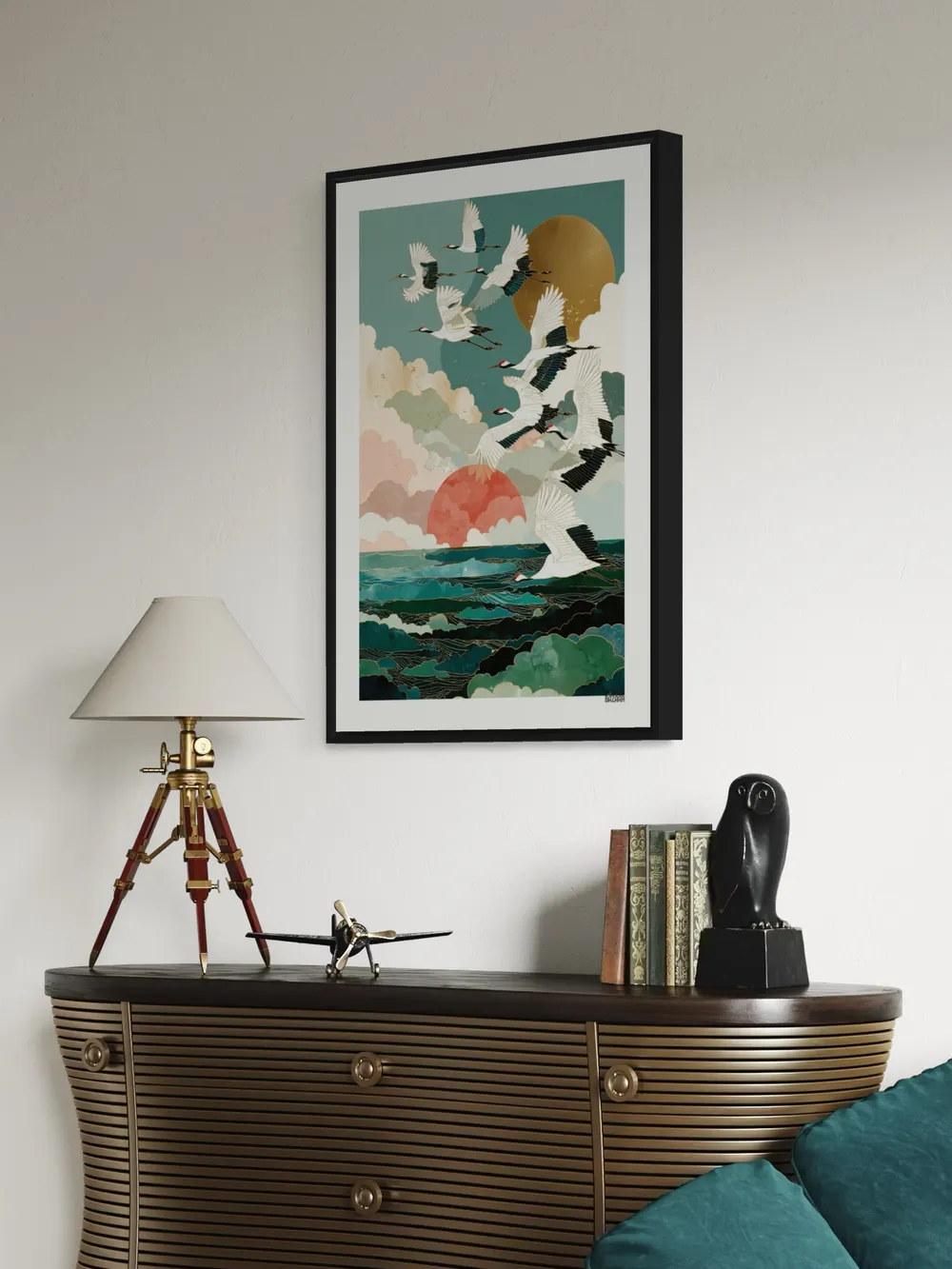 Plakat Golden Cranes - żurawie nad zielonym morzem - obrazek 3