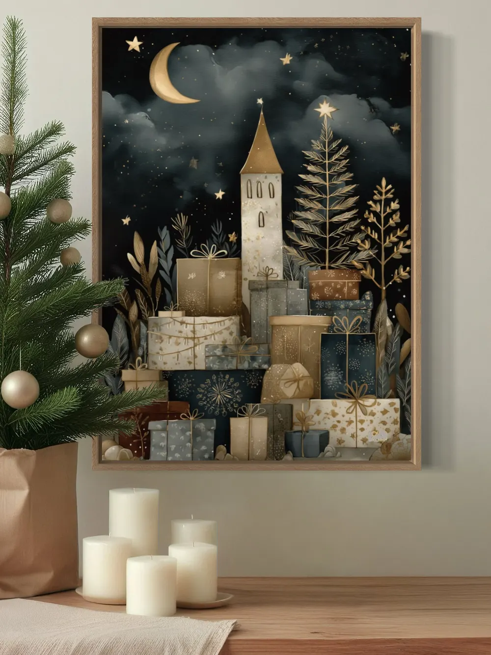 Plakat Starry Giftland - magiczna wieża z prezentami pod gwiazdami, bajkowy klimat - obrazek 2