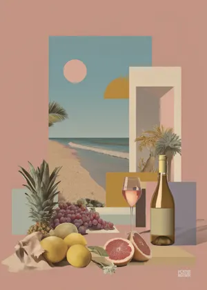 Plakat Tropical Mood - tropikalna plaża z pastelowym niebem i owocami
