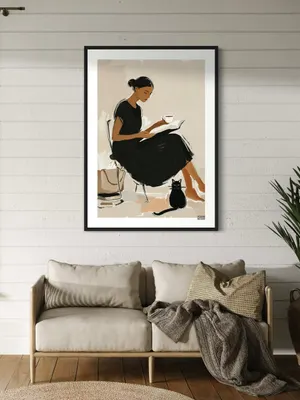Plakat Quiet Companion - kobieta w czarnej sukience z kotem i książką - obrazek 2