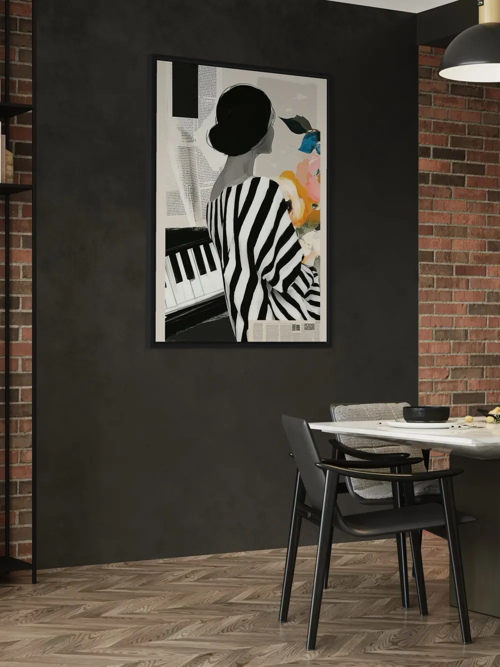 Plakat Piano Stripes - czarno-biała kobieta przy pianinie z kolorowymi kwiatami - obrazek 3