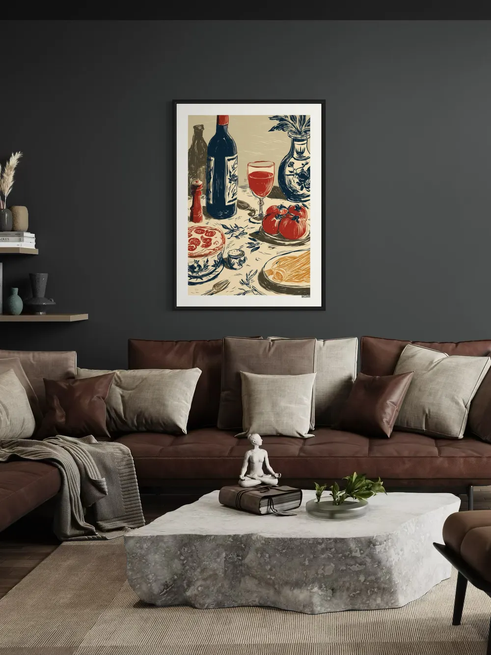 Plakat Wine Table - włoski stół z winem, pomidorami, makaronem, szkicowy styl - obrazek 3