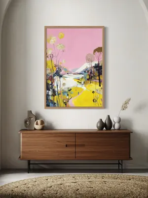 Plakat Pink Pathway - różowy krajobraz z krętą ścieżką i polnymi kwiatami w abstrakcyjnym stylu, pełen żółtych i białych akcentów - obrazek 3