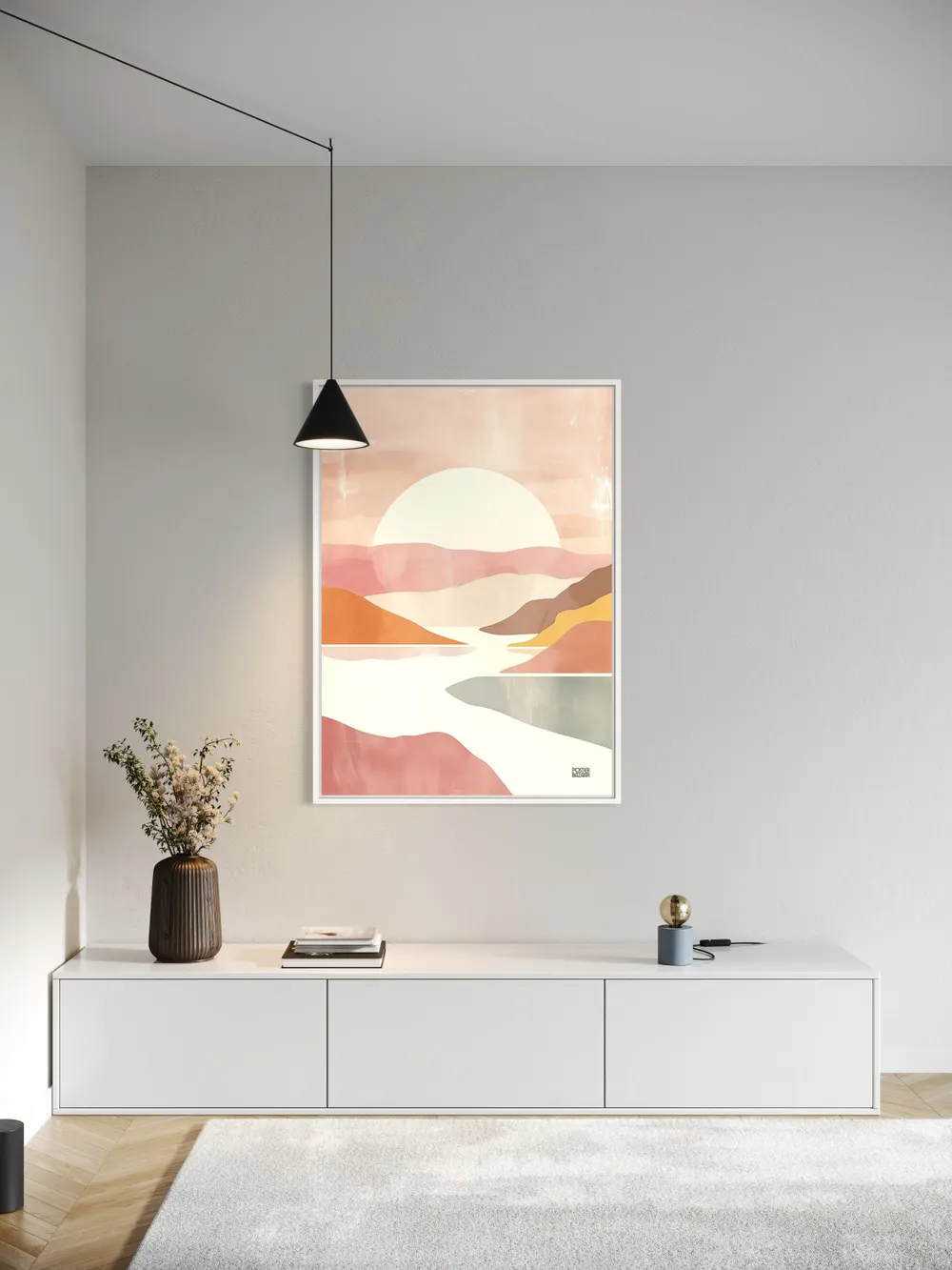 Plakat Pastel Sunrise - delikatna pastelowa scena z bialym sloncem i abstrakcyjnymi wzgorzami - obrazek 3