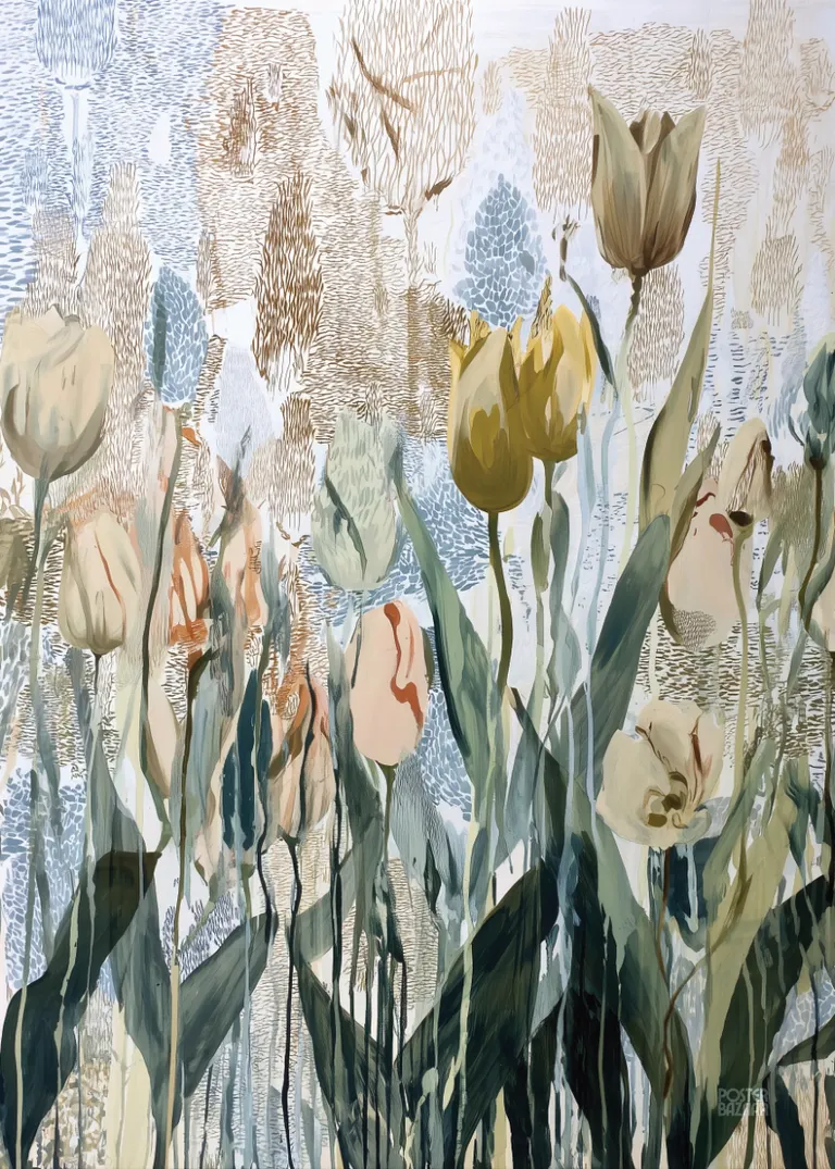 Muted Tulips — delikatne tulipany abstrakcyjne malowane beżowymi, zielonymi i błękitnymi akcentami, z nutą brązu